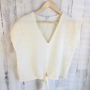 NWOT Three Dots Gauze Tie Front Top Cotton V Neck Blouse Ivory Yellow S